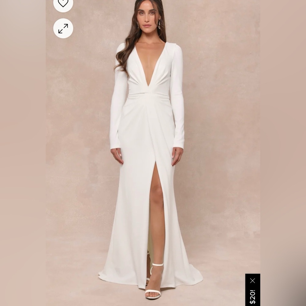 Elegant White Long-Sleeve V-Neck Gown with Front Slit